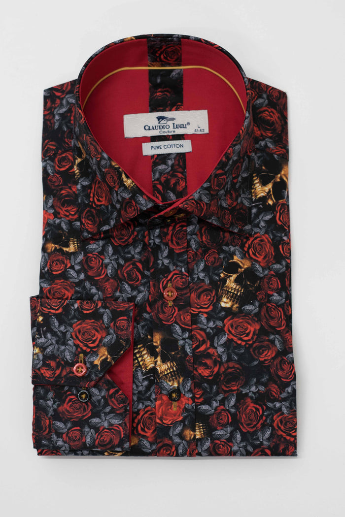 Claudio Lugli Red Rose & Gold Skull Shirt