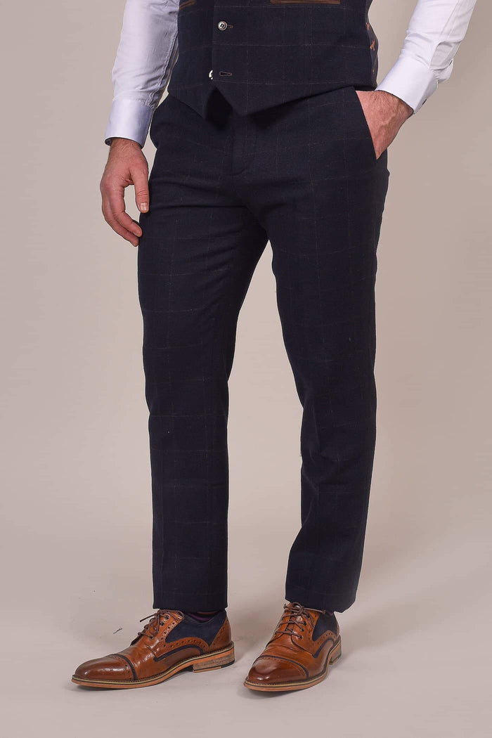 Fratelli Dark Navy Tweed Style Trousers With Subtle Check