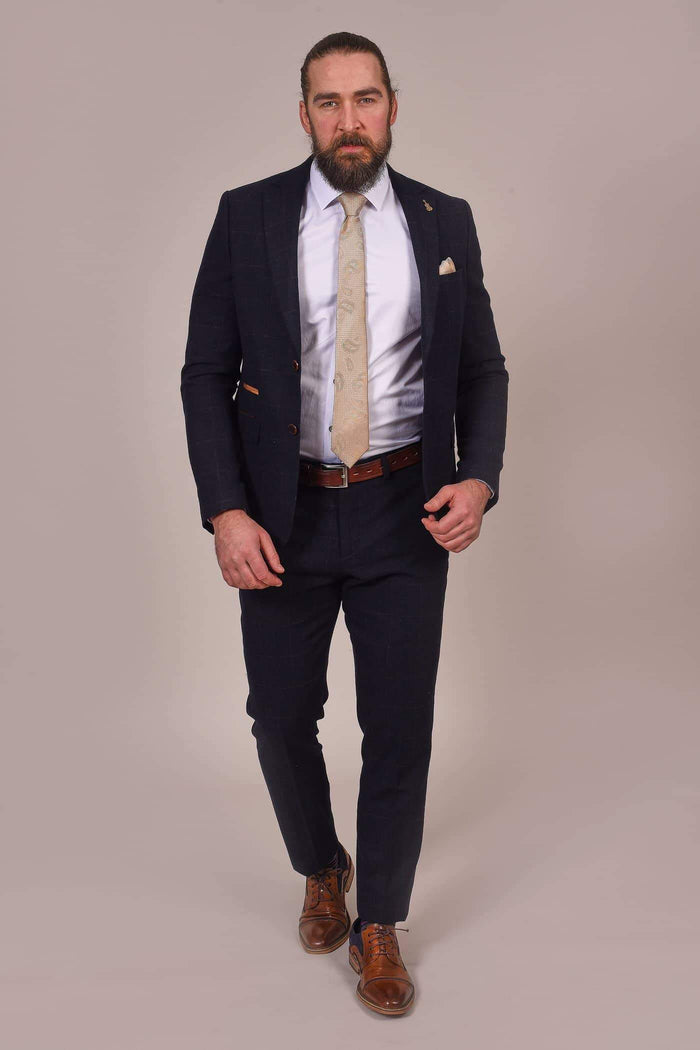 Fratelli Dark Navy Tweed Style Trousers With Subtle Check