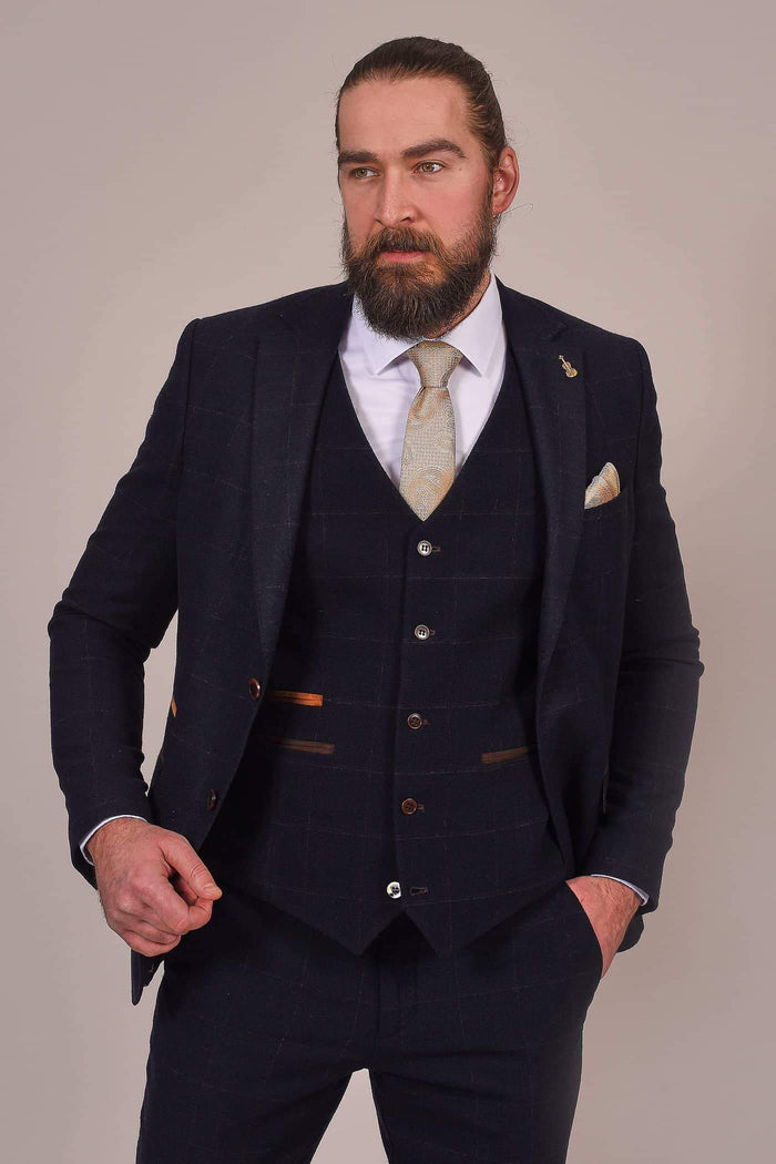 Fratelli Dark Navy Tweed Style Waistcoat with Subtle Check
