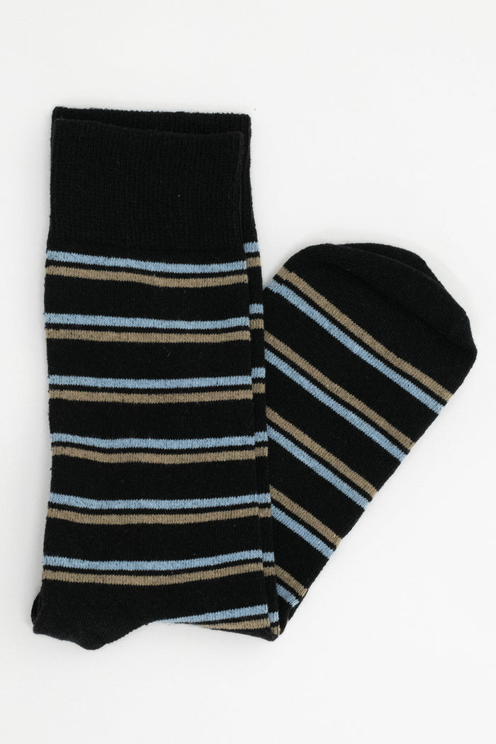 Gentlemen's Socks Black Socks with Blue & Tan Thick Stripes One Size