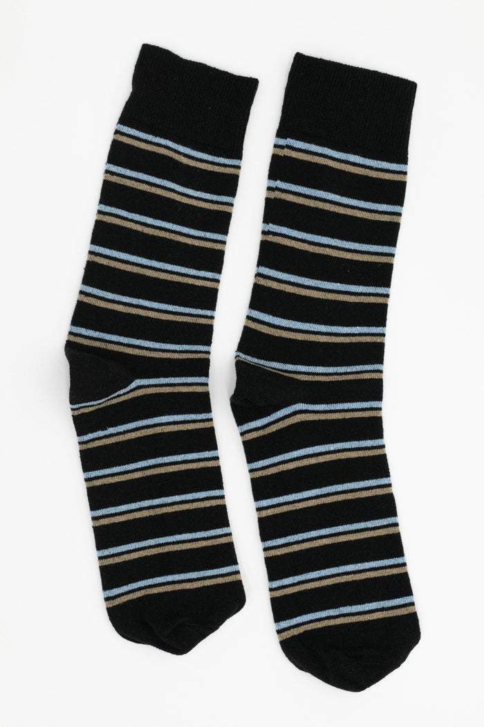 Gentlemen's Socks Black Socks with Blue & Tan Thick Stripes One Size