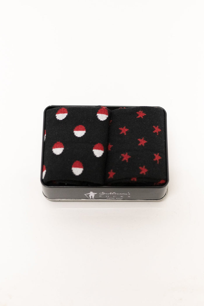 Gentlemen's Socks Gift Tin - Black with White & Red Dots and Black with Red Stars One Size