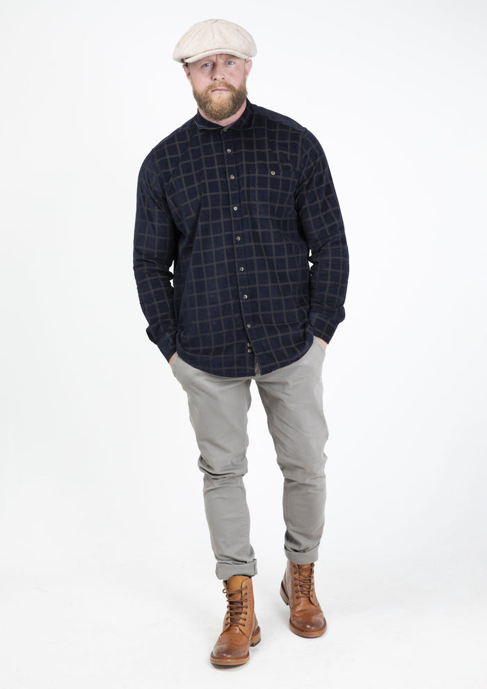 Guide London Micro Cord Navy & Gold Check Shirt