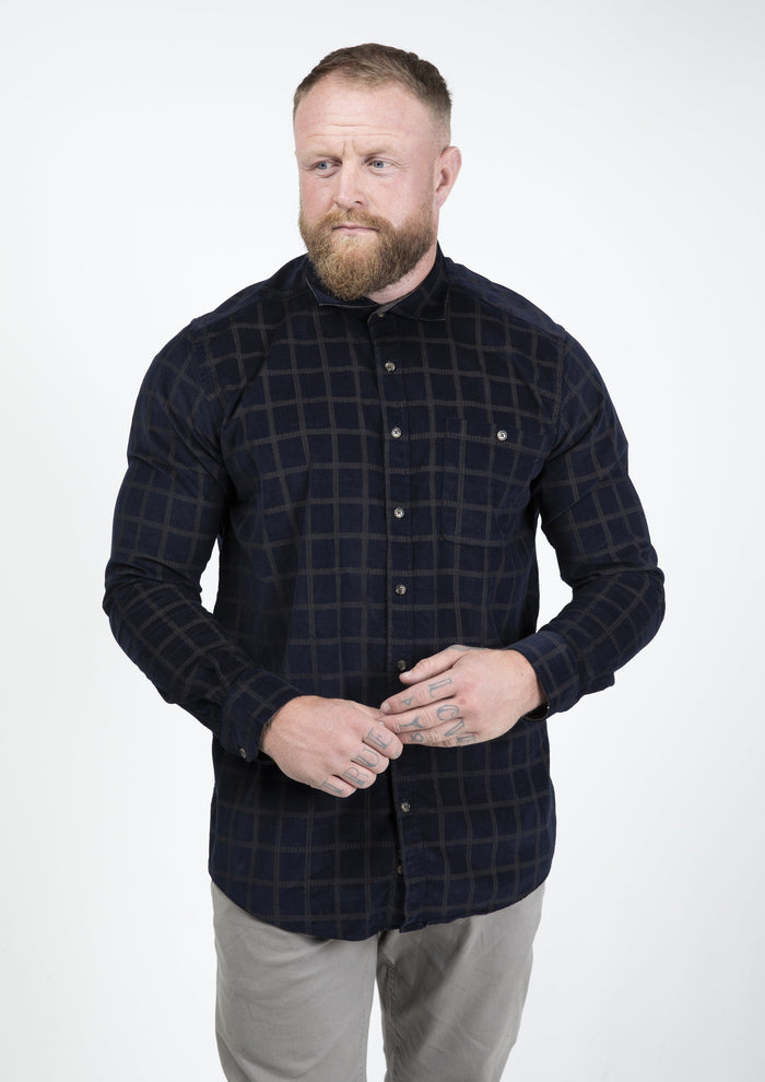 Guide London Micro Cord Navy & Gold Check Shirt