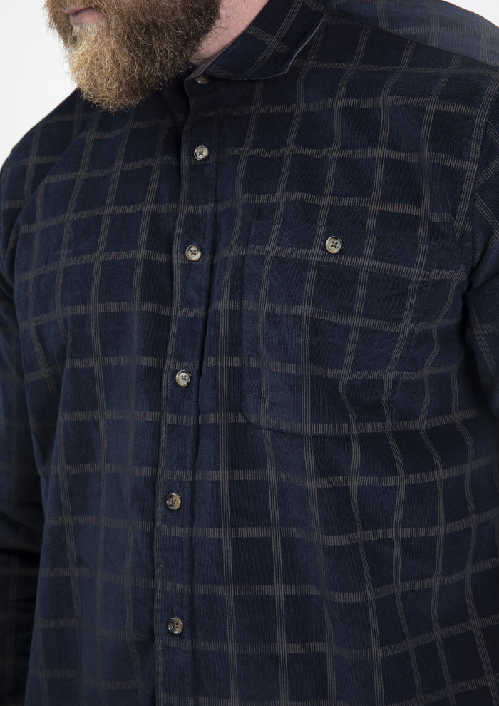 Guide London Micro Cord Navy & Gold Check Shirt