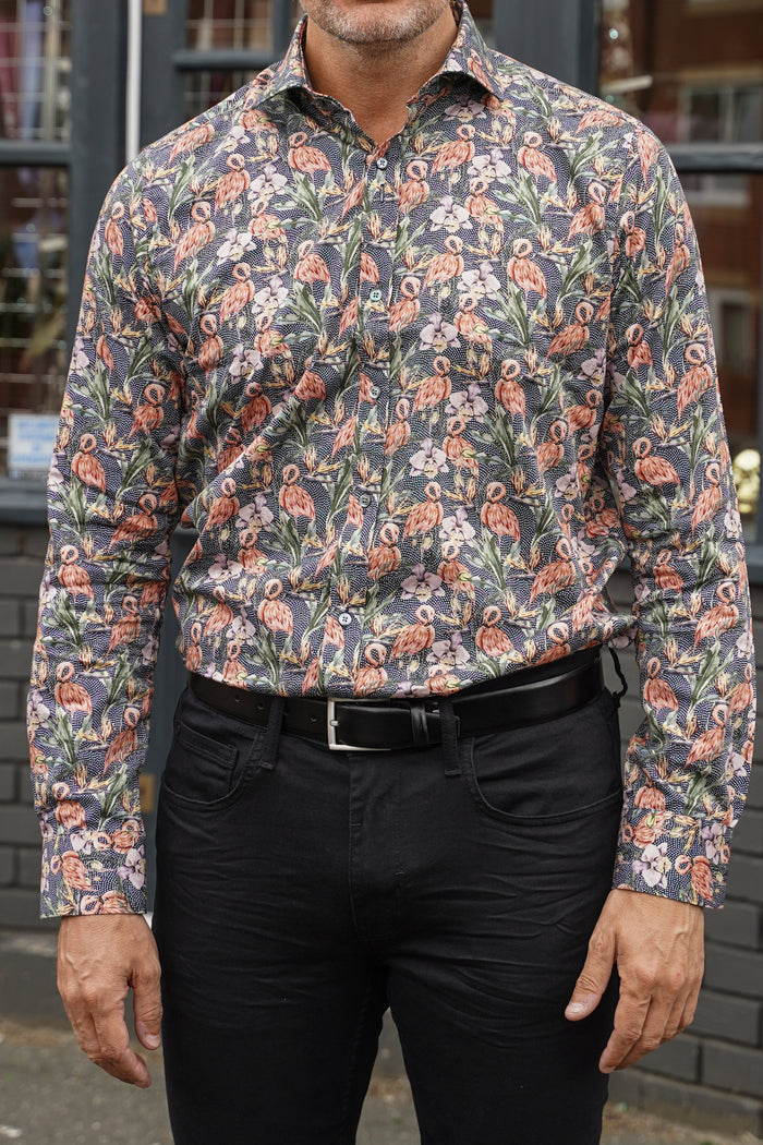 Guide London Navy Flamingo Print Shirt