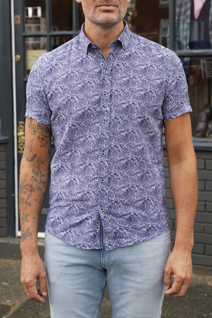 Guide London Navy Leaf Print Short Sleeve Shirt