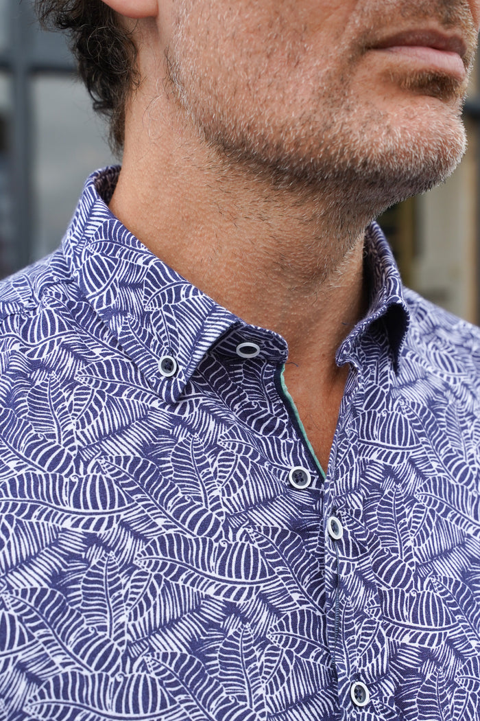 Guide London Navy Leaf Print Short Sleeve Shirt