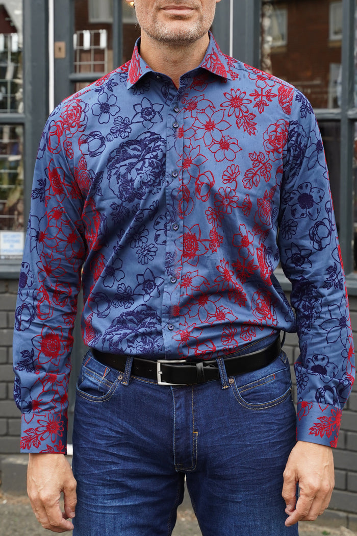 Guide London Navy & Red Floral Flock Shirt