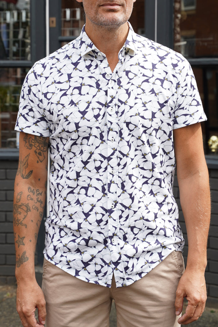 Guide London Navy & White Floral Short Sleeve Shirt