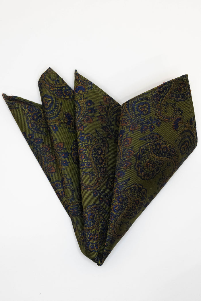 Knightsbridge Neckwear Green & Navy Paisley Pocket Square