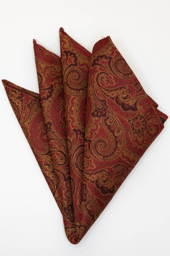 Knightsbridge Neckwear Tan & Red Silk Paisley Pocket Square