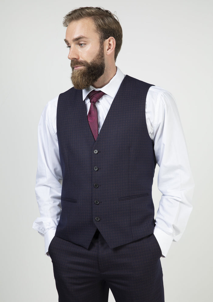 Skopes Mac Navy & Wine Check Single Breasted Waistcoat