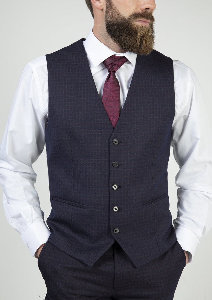 Skopes Mac Navy & Wine Check Single Breasted Waistcoat