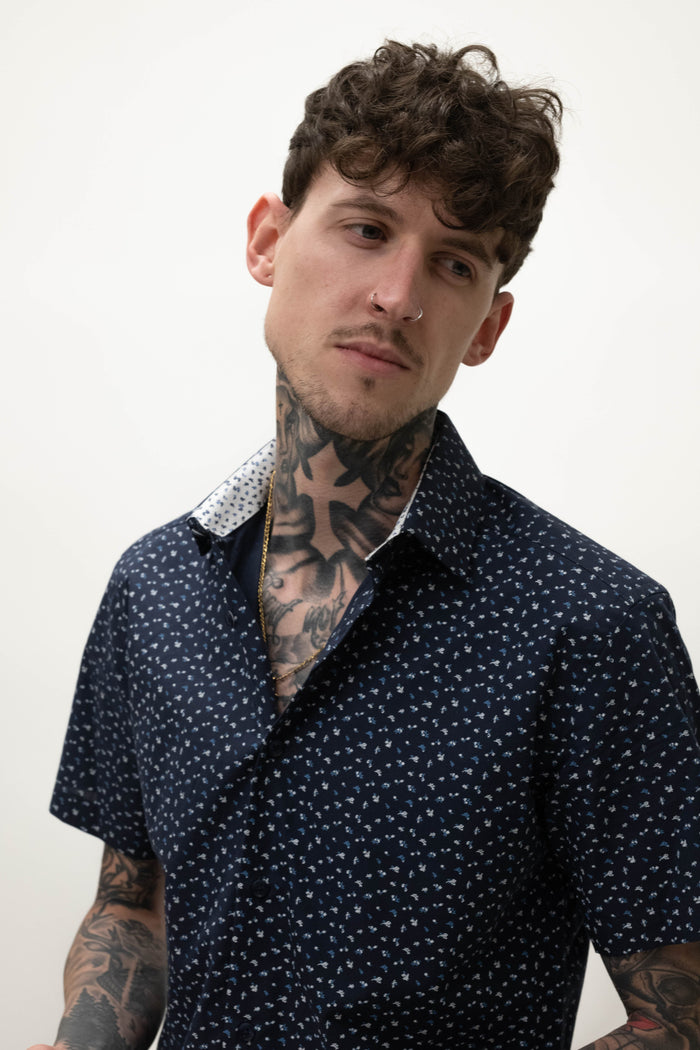 Skopes Navy Mini Flowers Short Sleeved Shirt